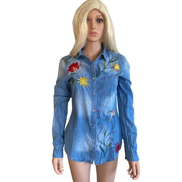 Sinclair Wear Western Denim Flower Shirt Embroidered Cotton Button Down - Picture 4 of 16